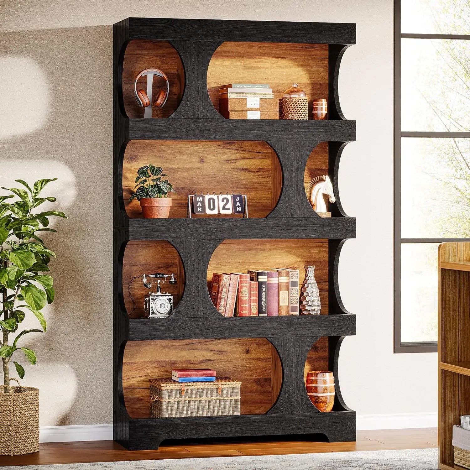 Black Bookcase, Modern Bookshelf, 4-Tier Freestanding Display Shelf with Classic Shape for Living Room, Home Office