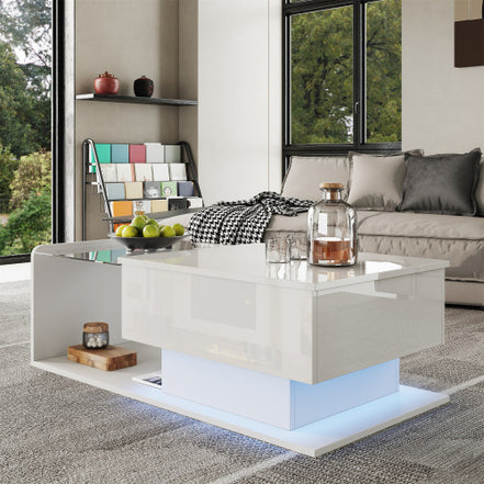 Coffee Table, High-Gloss White, Side Table, Coffee Table With Glass And LED Effect, With Glass Top