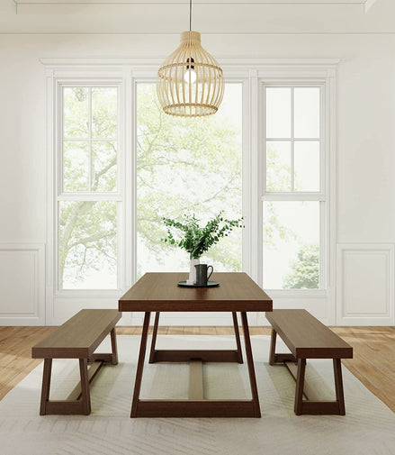 Farmhouse Walnut Dining Table Set with 2 Benches