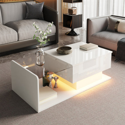 Coffee Table, High-Gloss White, Side Table, Coffee Table With Glass And LED Effect, With Glass Top
