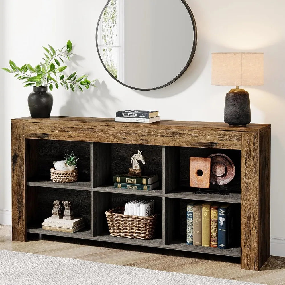 Rustic Wood Entryway Table with 6 Storage Cubes
