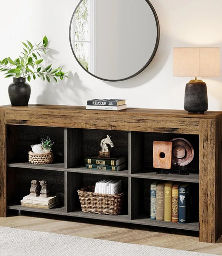Rustic Wood Entryway Table with 6 Storage Cubes