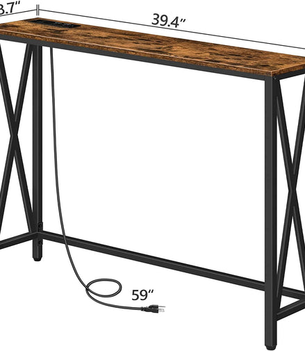 Rustic Brown Sofa Table with Power Outlet