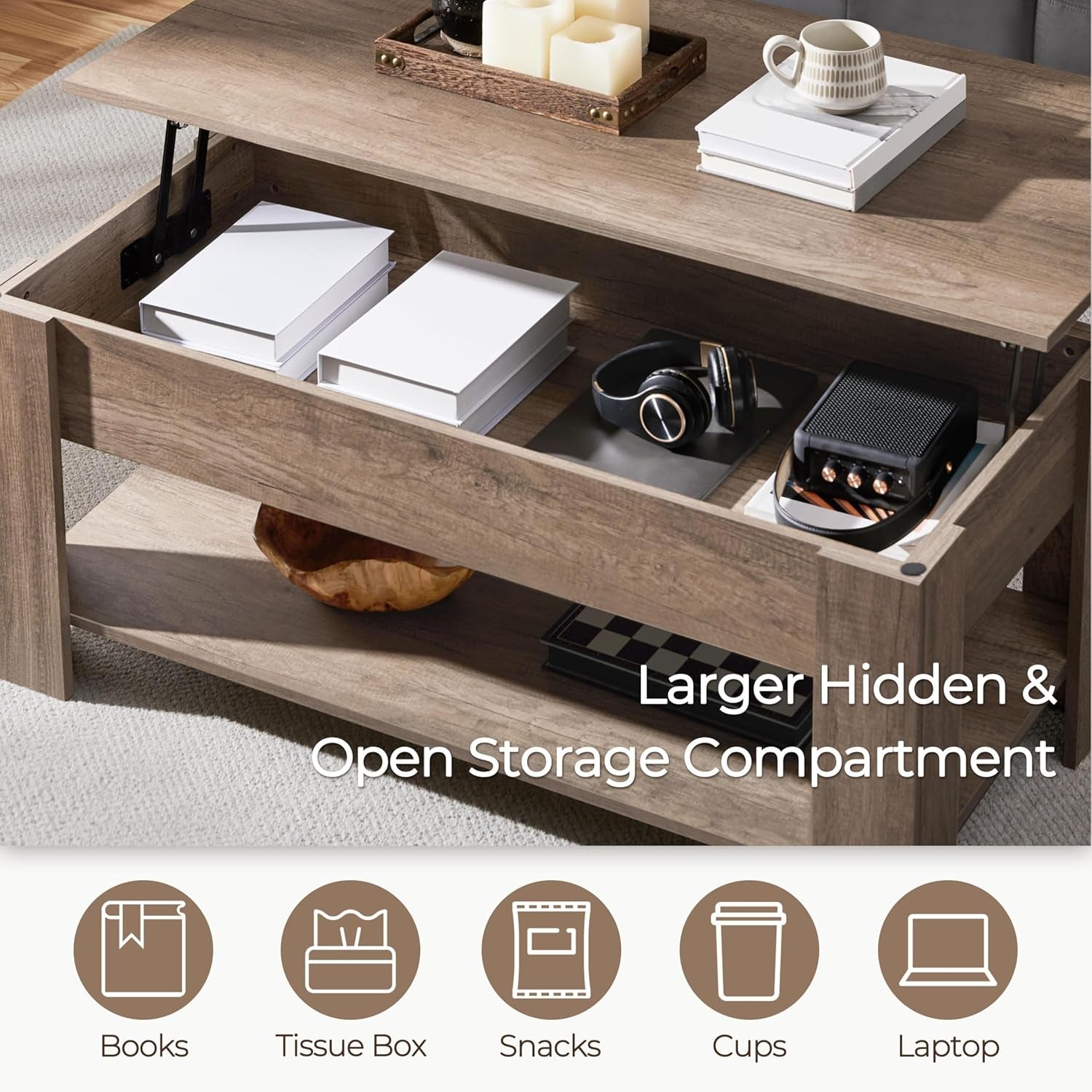 Lift Top Coffee Table with Hidden Compartment and Storage Shelf