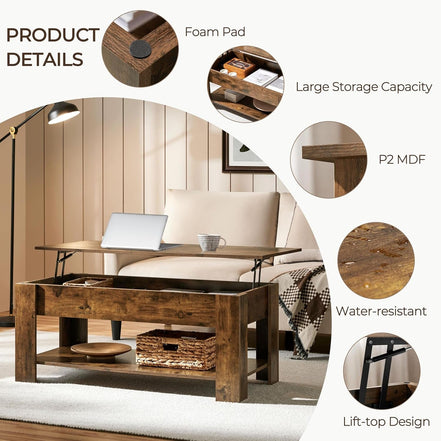 47.5-inch Lift Top Coffee Table with Hidden Compartment