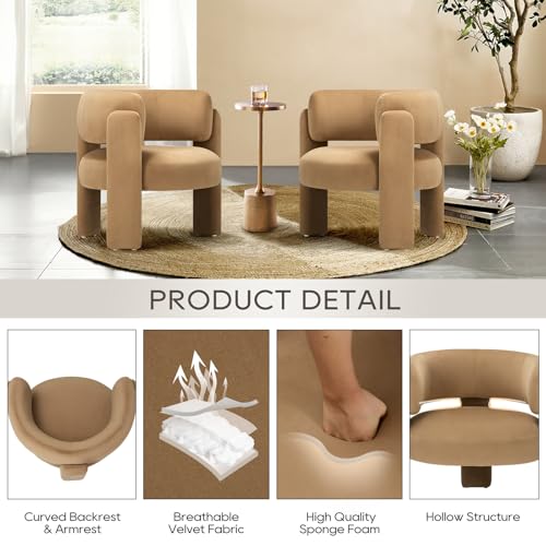 COLAMY Modern Velvet Accent Chairs Set of 2, Upholstered Barrel Chairs, Comfy Side Arm Chairs with 3 Legs for Living Room, Bedroom, Reading, Khaki