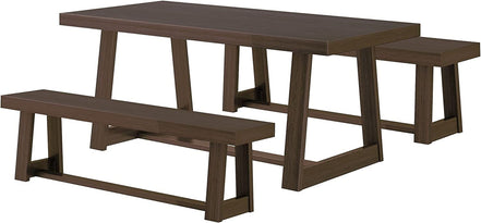 Farmhouse Walnut Dining Table Set with 2 Benches