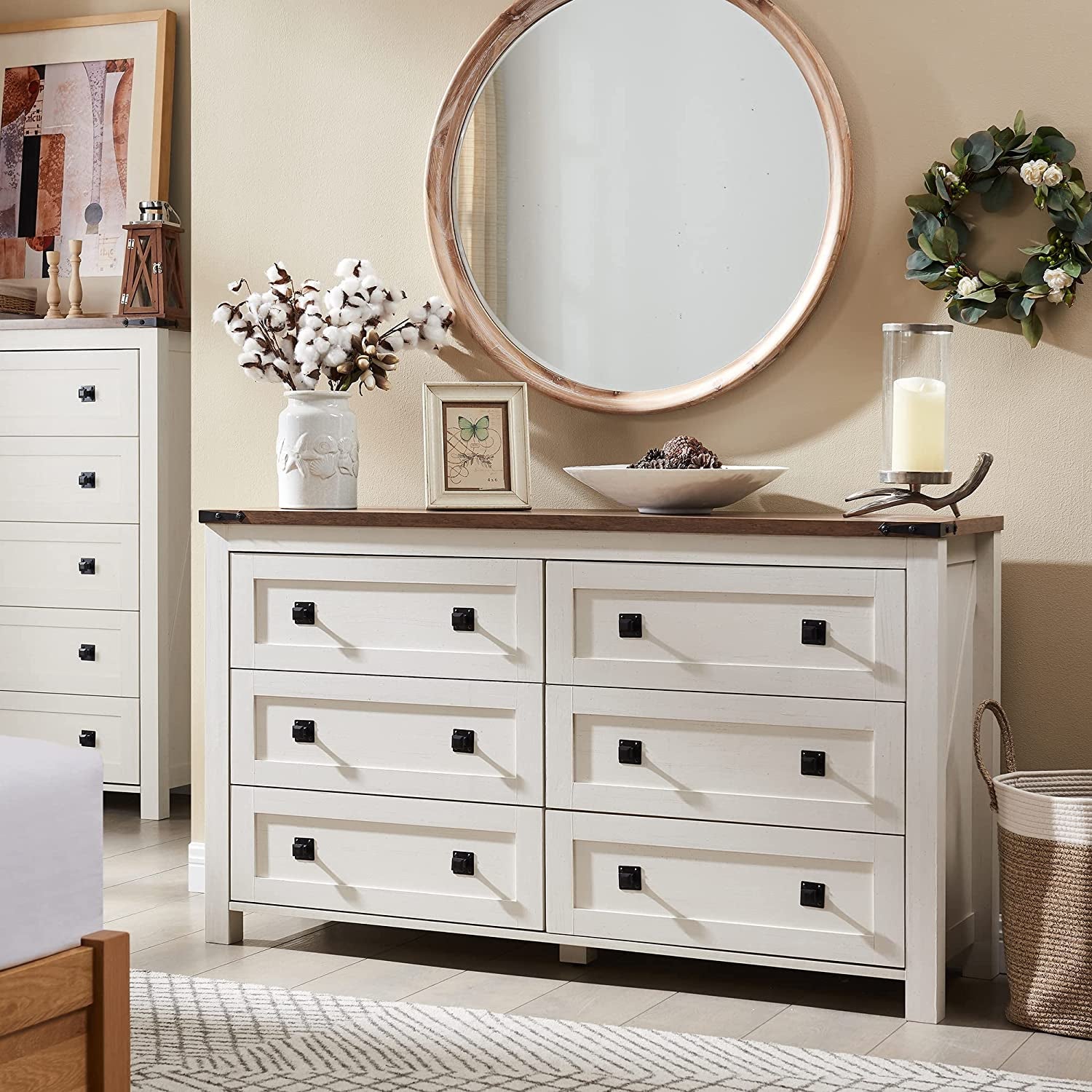 Rustic White Dresser with 6 Drawers