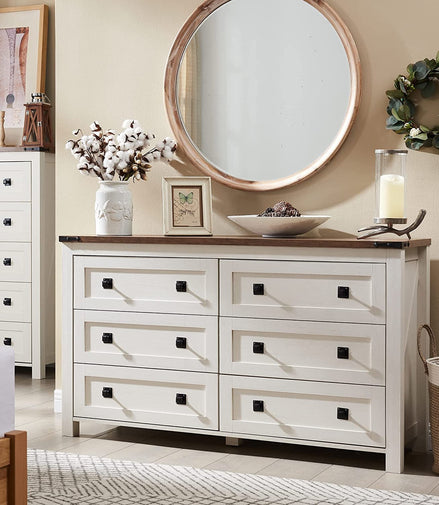 Rustic White Dresser with 6 Drawers