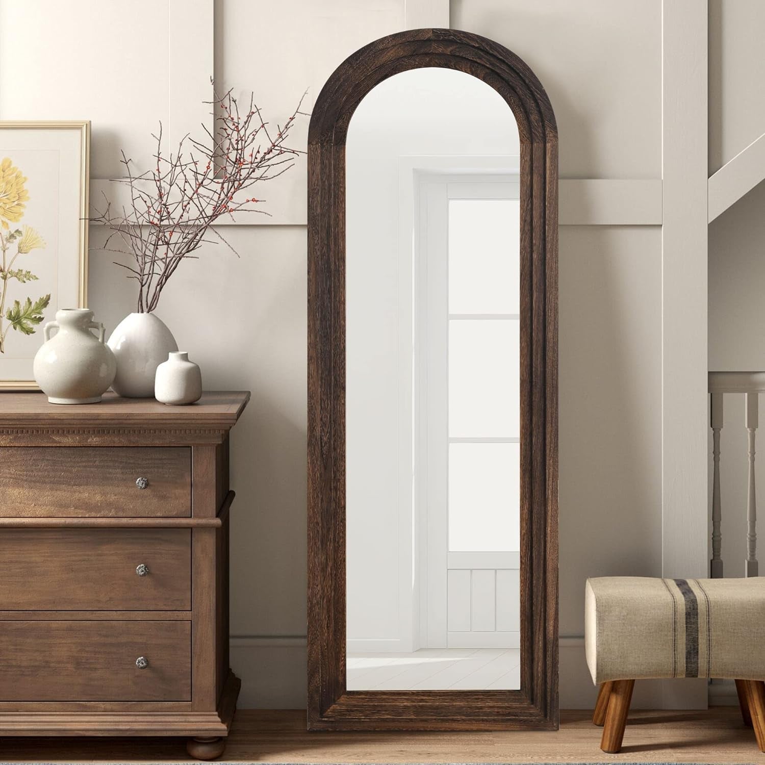 Wooden Arched Floor Mirror with Distressed Style