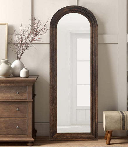 Wooden Arched Floor Mirror with Distressed Style