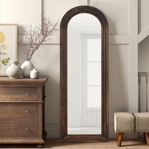 Wooden Arched Floor Mirror with Distressed Style