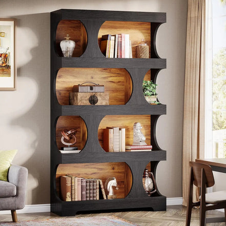 Black Bookcase, Modern Bookshelf, 4-Tier Freestanding Display Shelf with Classic Shape for Living Room, Home Office