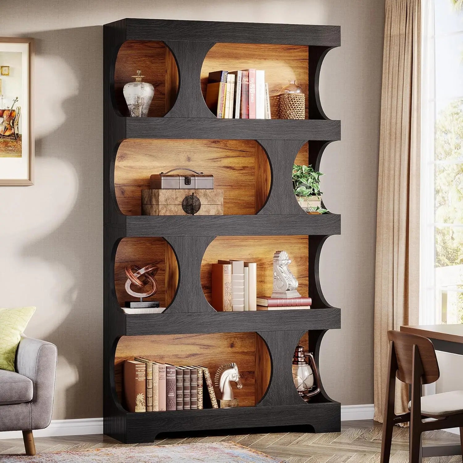Black Bookcase, Modern Bookshelf, 4-Tier Freestanding Display Shelf with Classic Shape for Living Room, Home Office