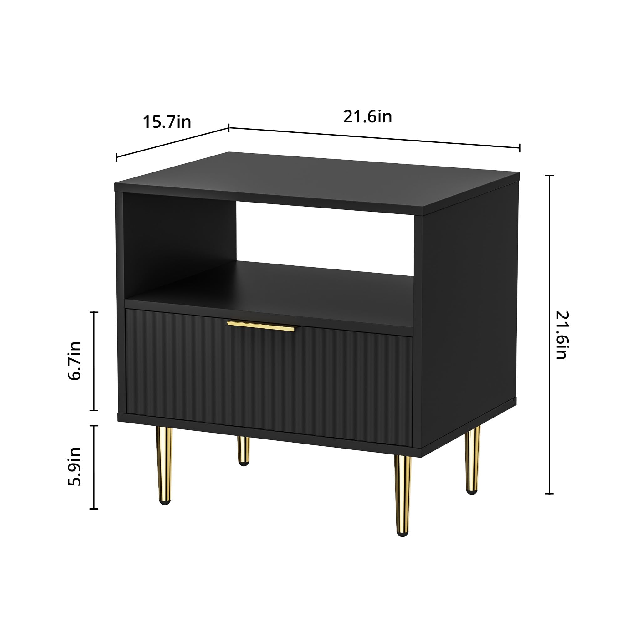Housoul Black Nightstand Set of 2, Modern Nightstand with Drawer, End Table with Storage, Bed Side Table with Open Space for Bedroom, Side Table for Bedroom, Living Room, Black