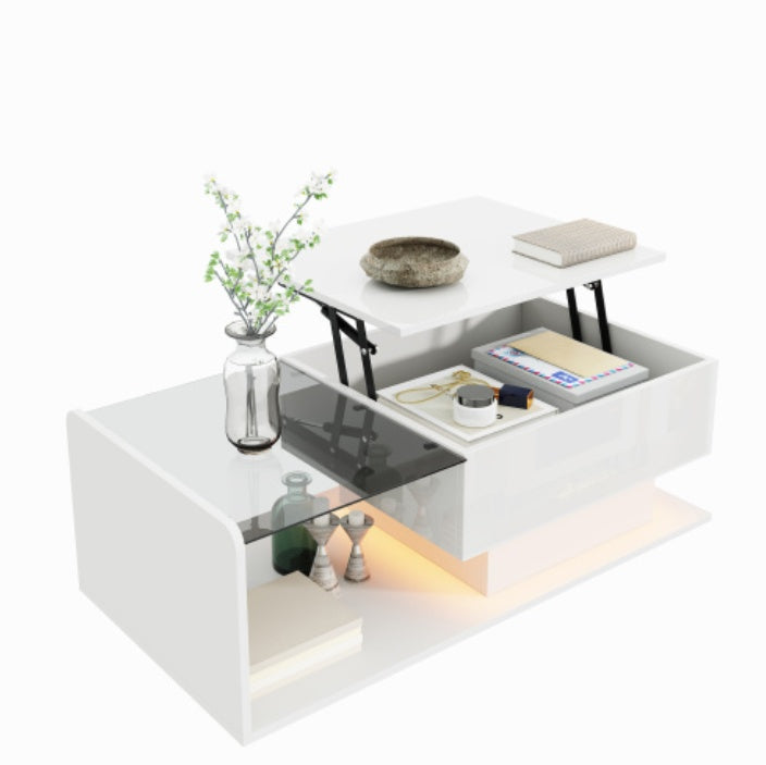 Coffee Table, High-Gloss White, Side Table, Coffee Table With Glass And LED Effect, With Glass Top