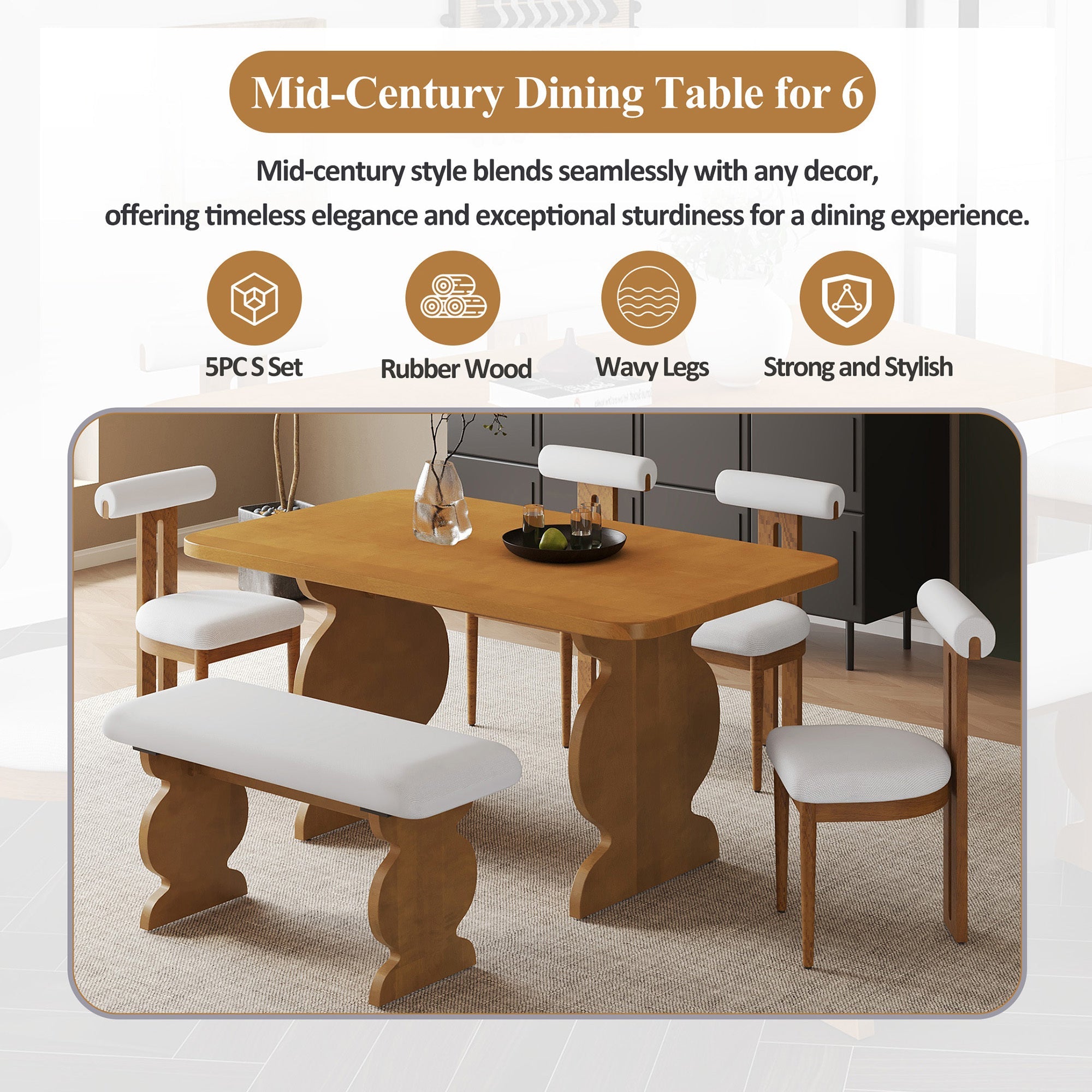 6-Piece Dining Set, Mid-Century Modern Table Set for 6