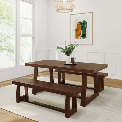 Farmhouse Walnut Dining Table Set with 2 Benches