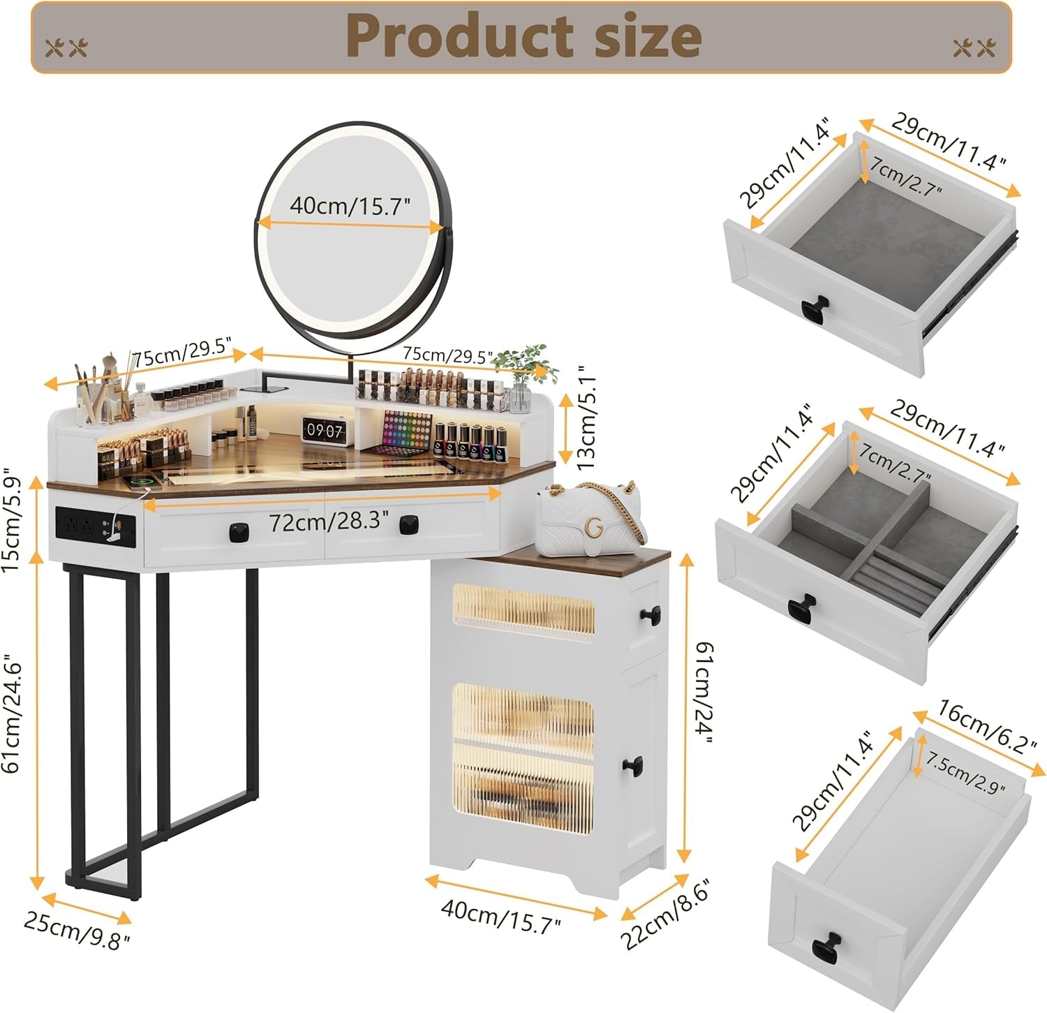 White Corner Glass Top Vanity