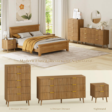 LYNSOM 55" Wide Fluted Dresser for Bedroom with 6 Drawer, Modern Chest of Drawers with Curved Profile Design and Metal Handles, Wood Dresser TV Stand & Storage Organizer for Living Room, Natural Oak