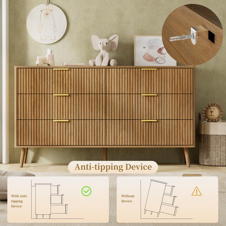 LYNSOM 55" Wide Fluted Dresser for Bedroom with 6 Drawer, Modern Chest of Drawers with Curved Profile Design and Metal Handles, Wood Dresser TV Stand & Storage Organizer for Living Room, Natural Oak