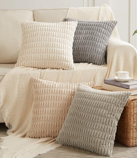Fancy Homi 4 Packs Neutral Decorative Throw Pillow Covers 18x18 Inch for Living Room Couch Bed Sofa, Rustic Farmhouse Boho Home Decor, Soft Plush Striped Corduroy Square Cushion Case 45x45 cm