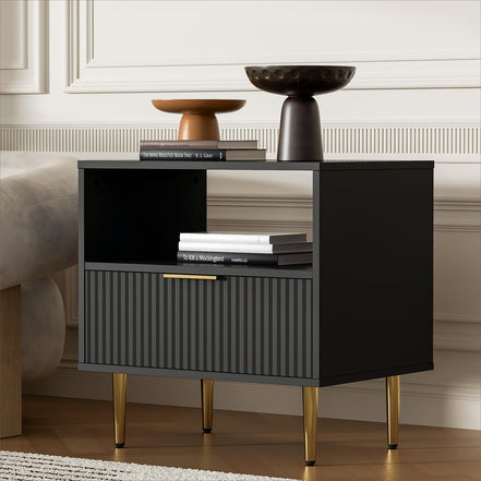 Housoul Black Nightstand Set of 2, Modern Nightstand with Drawer, End Table with Storage, Bed Side Table with Open Space for Bedroom, Side Table for Bedroom, Living Room, Black