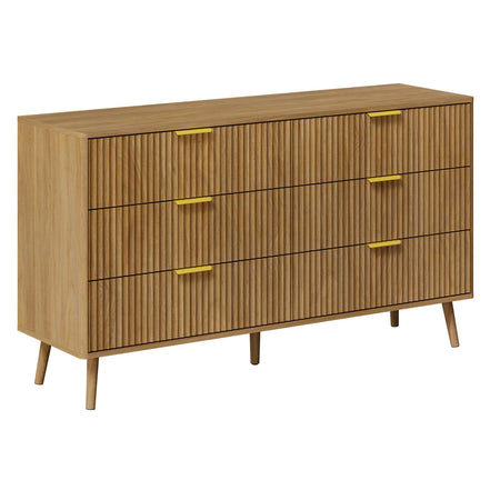LYNSOM 55" Wide Fluted Dresser for Bedroom with 6 Drawer, Modern Chest of Drawers with Curved Profile Design and Metal Handles, Wood Dresser TV Stand & Storage Organizer for Living Room, Natural Oak