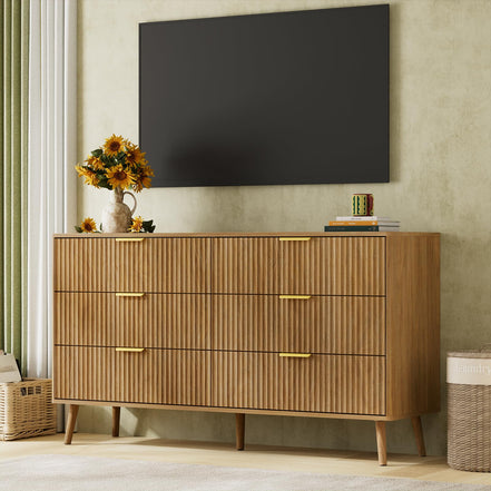 LYNSOM 55" Wide Fluted Dresser for Bedroom with 6 Drawer, Modern Chest of Drawers with Curved Profile Design and Metal Handles, Wood Dresser TV Stand & Storage Organizer for Living Room, Natural Oak