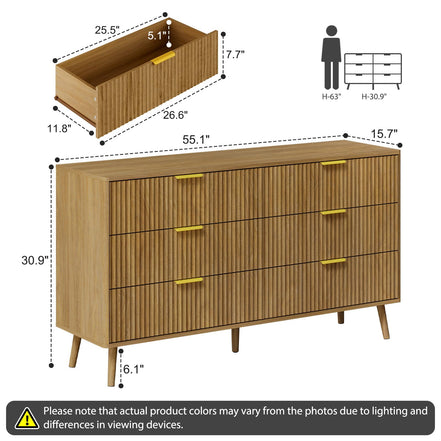 LYNSOM 55" Wide Fluted Dresser for Bedroom with 6 Drawer, Modern Chest of Drawers with Curved Profile Design and Metal Handles, Wood Dresser TV Stand & Storage Organizer for Living Room, Natural Oak