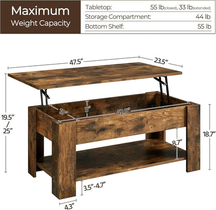 47.5-inch Lift Top Coffee Table with Hidden Compartment