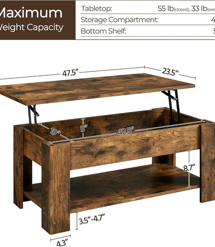 47.5-inch Lift Top Coffee Table with Hidden Compartment