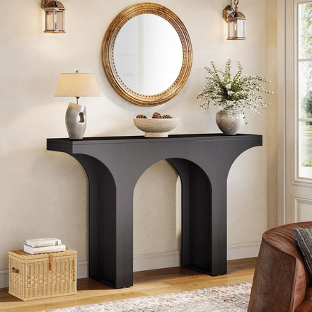 47-Inch Modern Black Console Table for Entryway, Narrow Sofa Table with Arched Design, Foyer Accent Table for Hallway