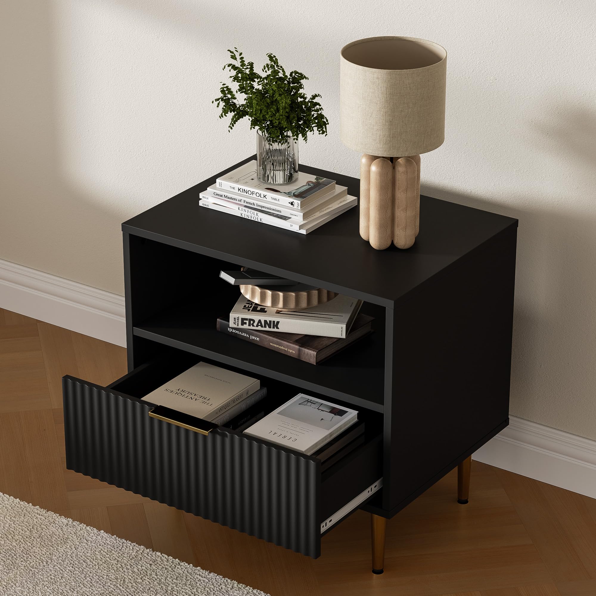 Housoul Black Nightstand Set of 2, Modern Nightstand with Drawer, End Table with Storage, Bed Side Table with Open Space for Bedroom, Side Table for Bedroom, Living Room, Black