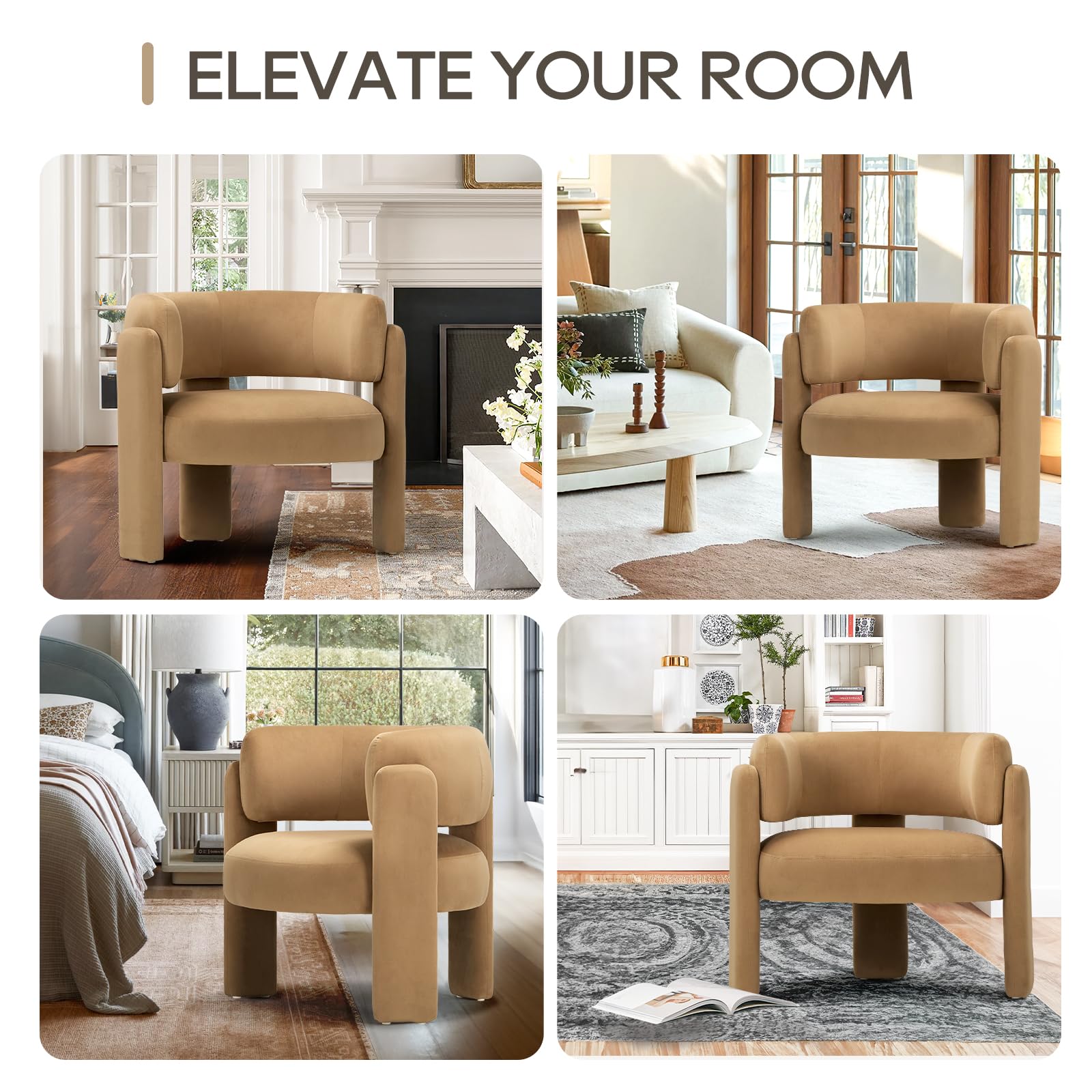 COLAMY Modern Velvet Accent Chairs Set of 2, Upholstered Barrel Chairs, Comfy Side Arm Chairs with 3 Legs for Living Room, Bedroom, Reading, Khaki