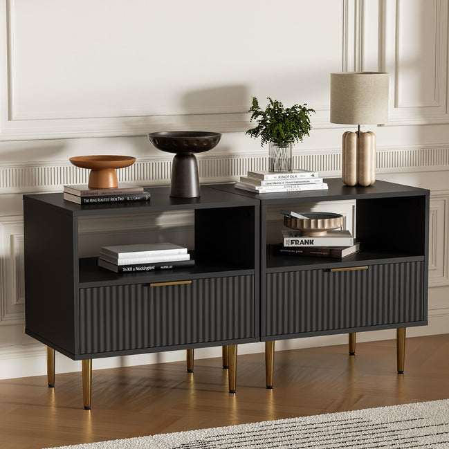 Housoul Black Nightstand Set of 2, Modern Nightstand with Drawer, End Table with Storage, Bed Side Table with Open Space for Bedroom, Side Table for Bedroom, Living Room, Black
