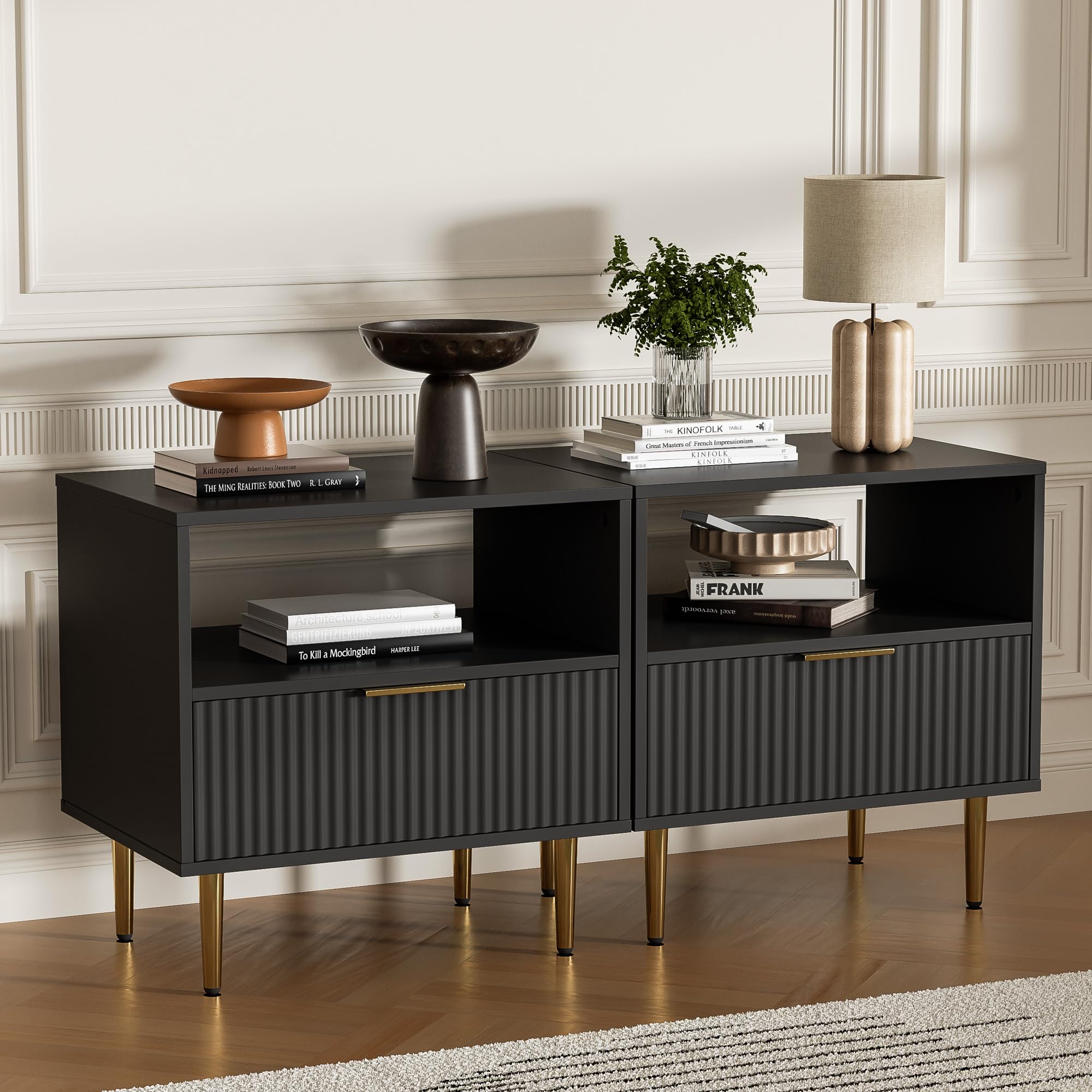 Housoul Black Nightstand Set of 2, Modern Nightstand with Drawer, End Table with Storage, Bed Side Table with Open Space for Bedroom, Side Table for Bedroom, Living Room, Black