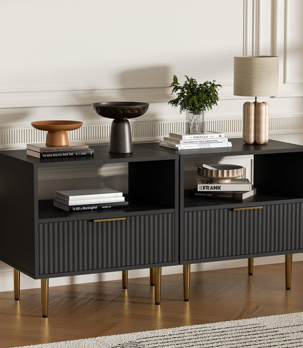 Housoul Black Nightstand Set of 2, Modern Nightstand with Drawer, End Table with Storage, Bed Side Table with Open Space for Bedroom, Side Table for Bedroom, Living Room, Black