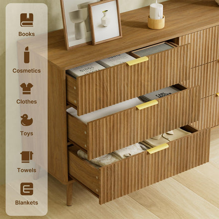 LYNSOM 55" Wide Fluted Dresser for Bedroom with 6 Drawer, Modern Chest of Drawers with Curved Profile Design and Metal Handles, Wood Dresser TV Stand & Storage Organizer for Living Room, Natural Oak