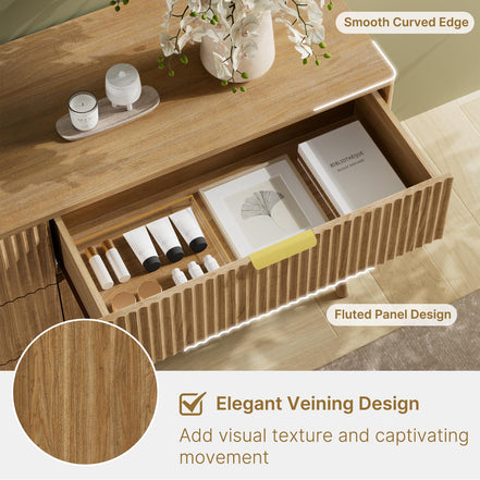 LYNSOM 55" Wide Fluted Dresser for Bedroom with 6 Drawer, Modern Chest of Drawers with Curved Profile Design and Metal Handles, Wood Dresser TV Stand & Storage Organizer for Living Room, Natural Oak