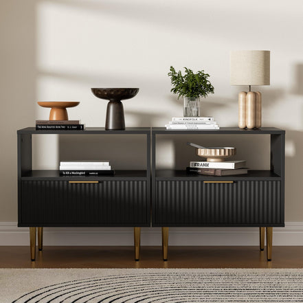 Housoul Black Nightstand Set of 2, Modern Nightstand with Drawer, End Table with Storage, Bed Side Table with Open Space for Bedroom, Side Table for Bedroom, Living Room, Black