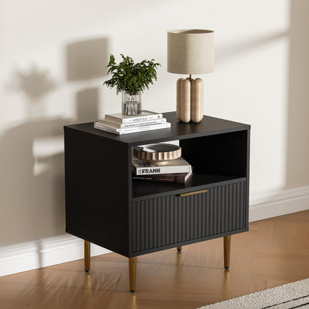 Housoul Black Nightstand Set of 2, Modern Nightstand with Drawer, End Table with Storage, Bed Side Table with Open Space for Bedroom, Side Table for Bedroom, Living Room, Black