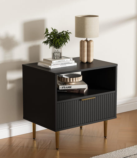 Housoul Black Nightstand Set of 2, Modern Nightstand with Drawer, End Table with Storage, Bed Side Table with Open Space for Bedroom, Side Table for Bedroom, Living Room, Black