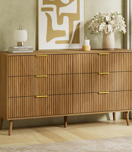 LYNSOM 55" Wide Fluted Dresser for Bedroom with 6 Drawer, Modern Chest of Drawers with Curved Profile Design and Metal Handles, Wood Dresser TV Stand & Storage Organizer for Living Room, Natural Oak