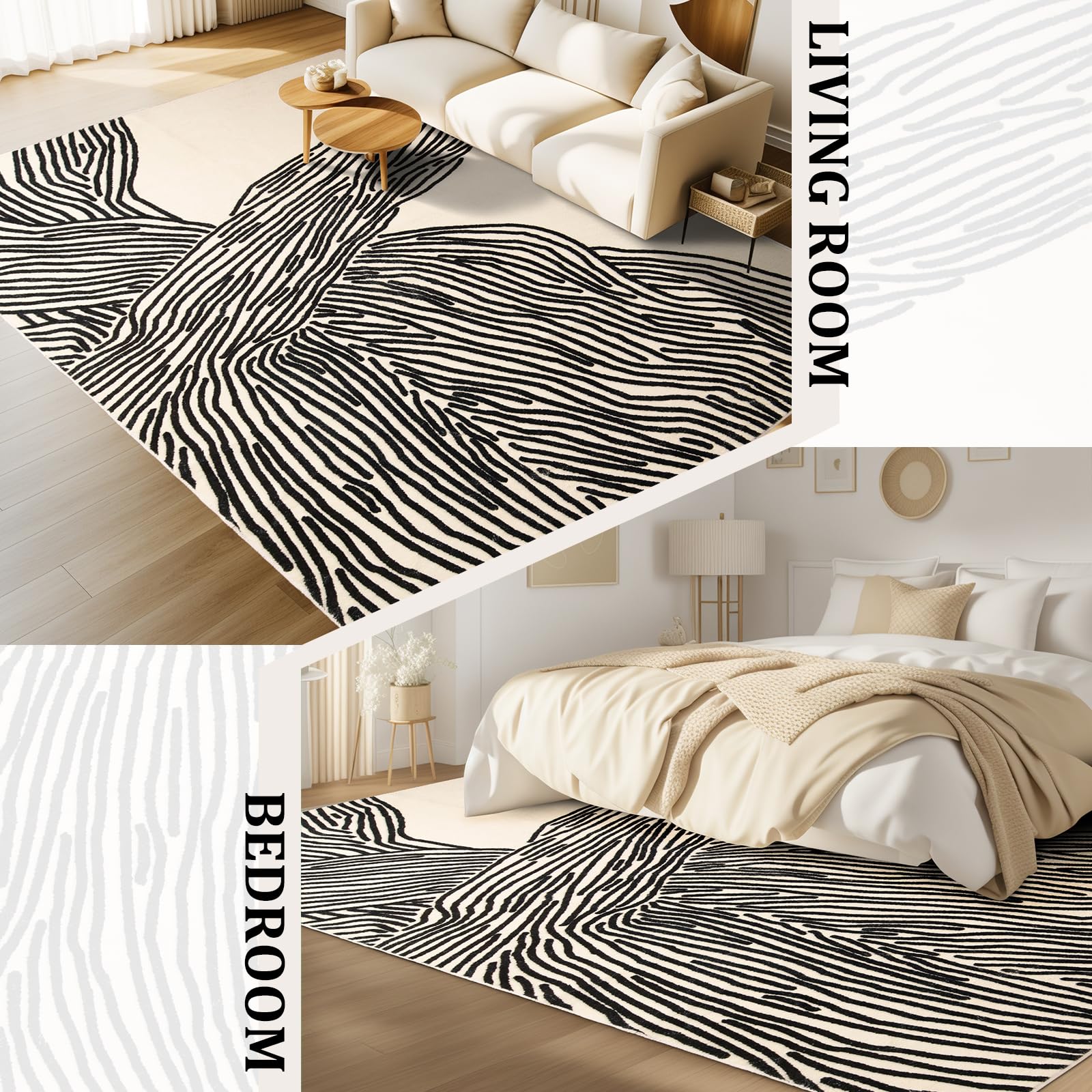 YIHOUSE 5×8 Ft Area Rugs, Abstract Washable Rug, Modern Black and White Rug for Bedroom Living Room Dining Room Office Playroom Nursery, Nonslip Throw Non-Shedding Thin Contemporary Striped Rugs