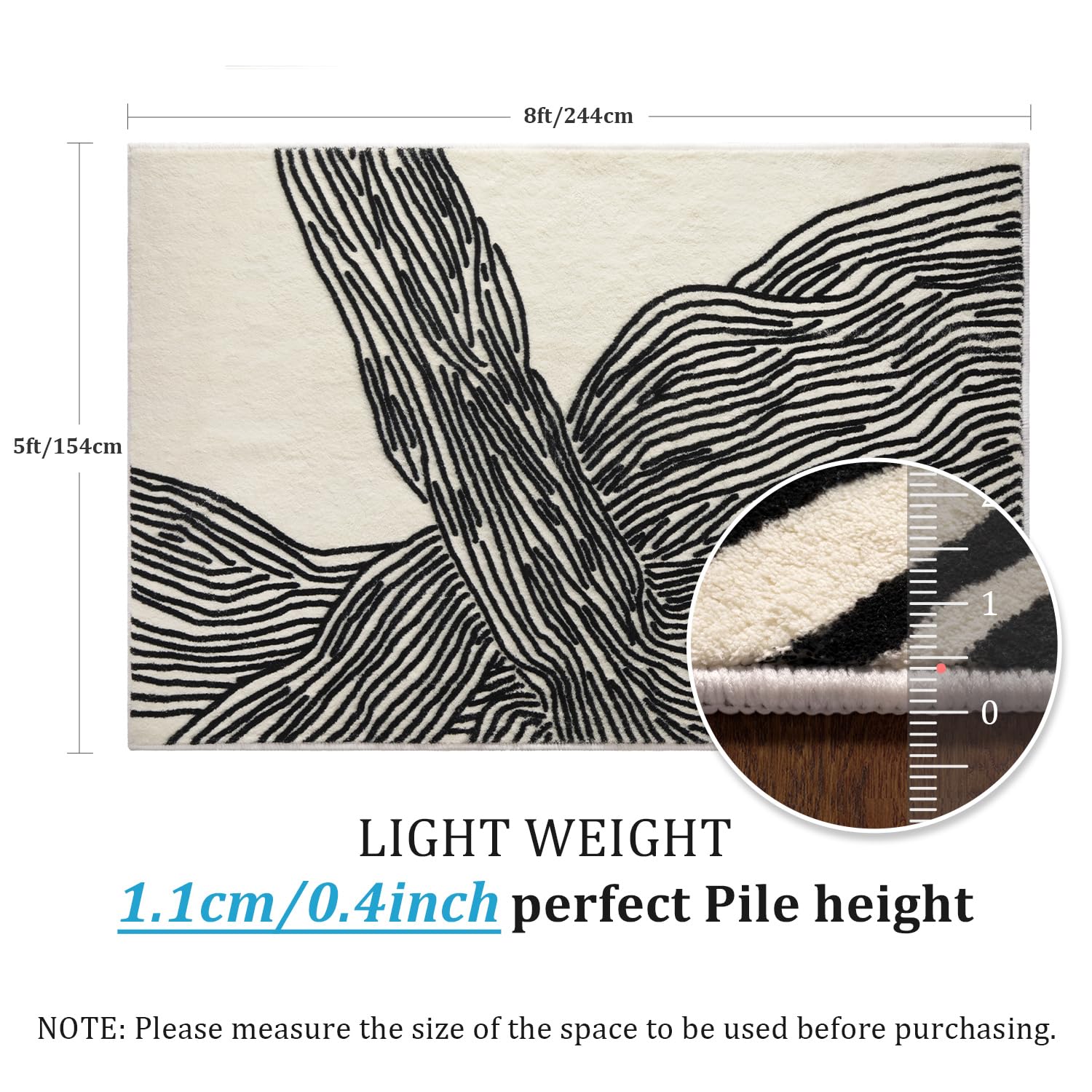 YIHOUSE 5×8 Ft Area Rugs, Abstract Washable Rug, Modern Black and White Rug for Bedroom Living Room Dining Room Office Playroom Nursery, Nonslip Throw Non-Shedding Thin Contemporary Striped Rugs