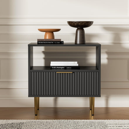 Housoul Black Nightstand Set of 2, Modern Nightstand with Drawer, End Table with Storage, Bed Side Table with Open Space for Bedroom, Side Table for Bedroom, Living Room, Black