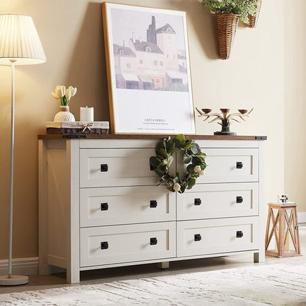 Rustic White Dresser with 6 Drawers