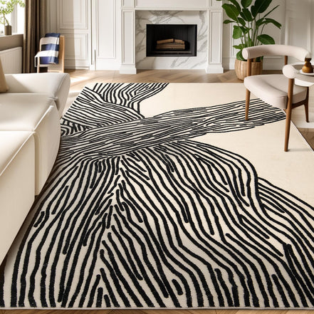 YIHOUSE 5×8 Ft Area Rugs, Abstract Washable Rug, Modern Black and White Rug for Bedroom Living Room Dining Room Office Playroom Nursery, Nonslip Throw Non-Shedding Thin Contemporary Striped Rugs