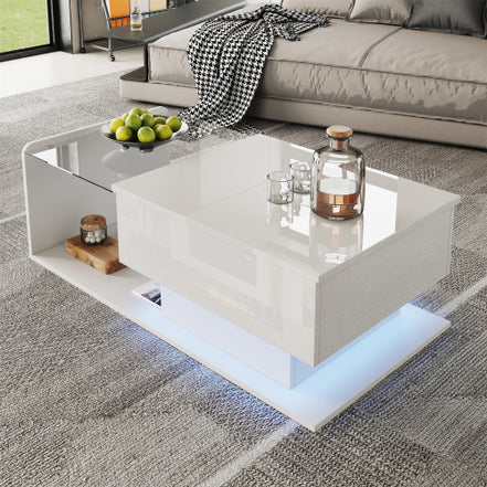 Coffee Table, High-Gloss White, Side Table, Coffee Table With Glass And LED Effect, With Glass Top